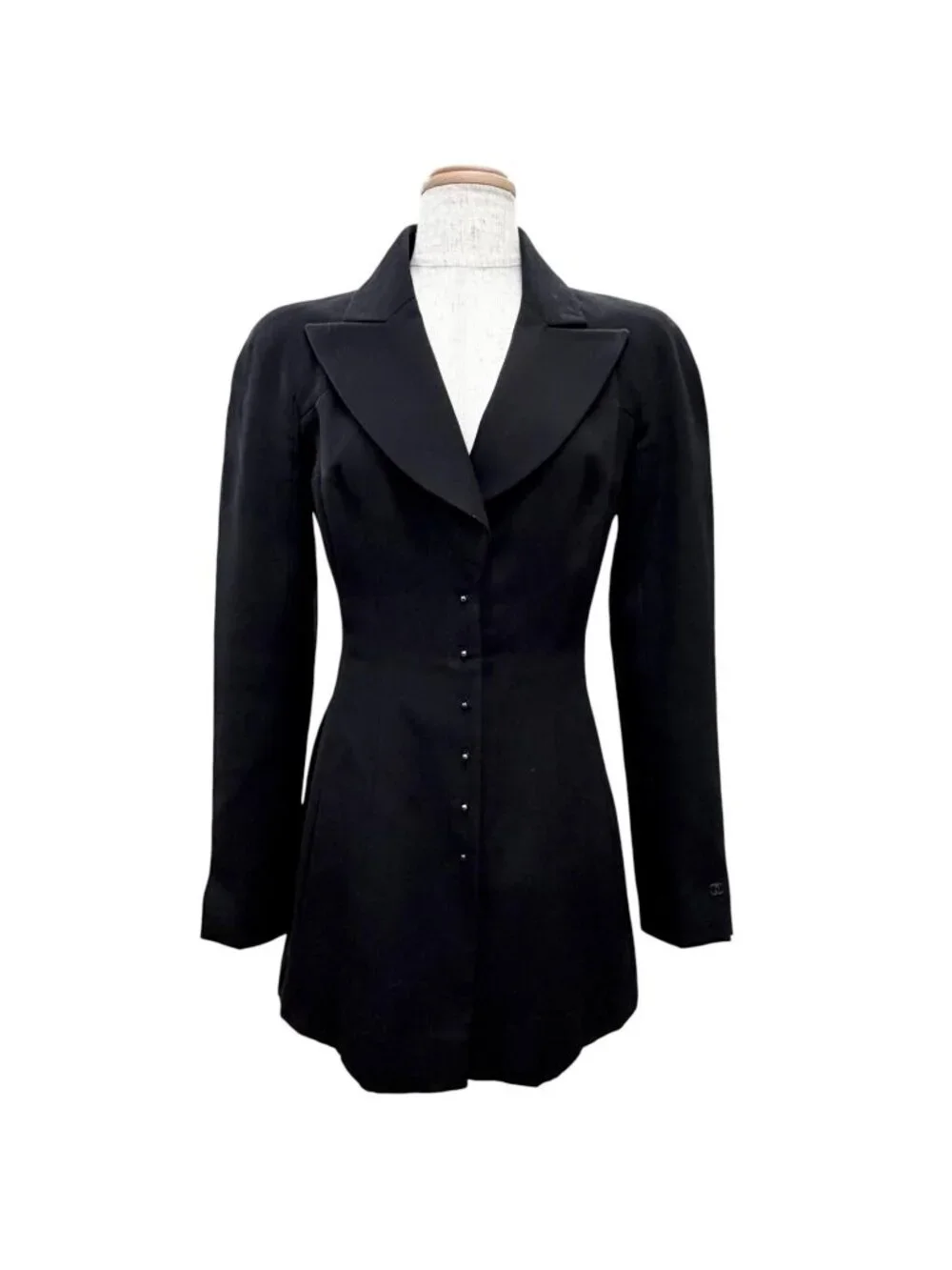 Chanel Vintage Wool CC Logo Tuck Button Peak Lapel Jacket Black 34